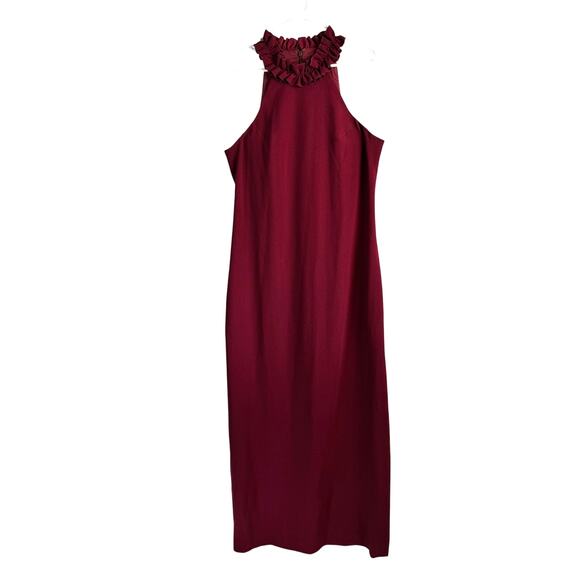 Trina Turk NWT Burgundy Formal Gown Ruffle Neck Maxi Dress Size 14 $368 - Picture 2 of 9